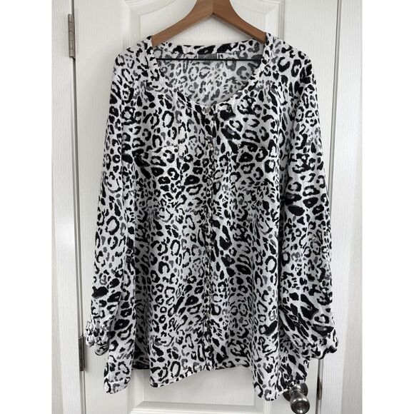 JM Collection Women's Leopard Print Button Front Top Black White Linen Size 24W - Picture 1 of 12